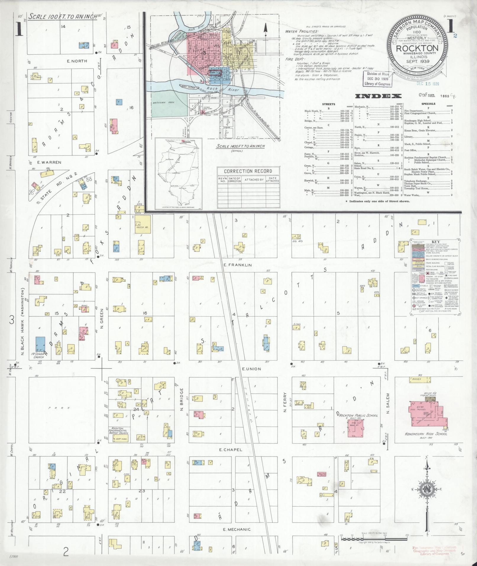 Sanborn Fire Insurance Map from Rockton, Winnebago County, Illinois (1939), Sheet #0001 - Complete Map Set gallery image, historic Sanborn map, vintage wall art, Illinois Illinois