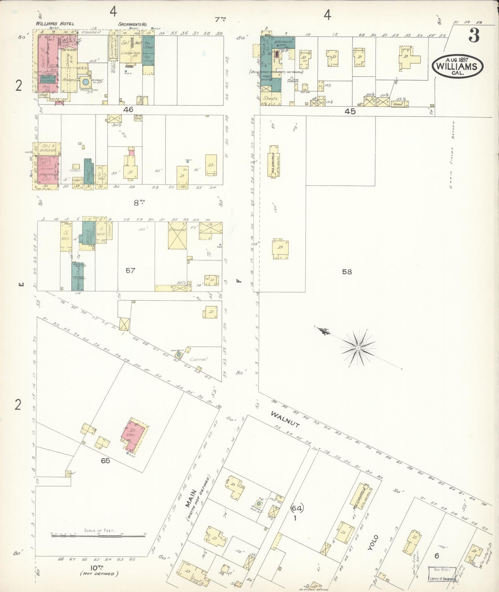Sanborn Fire Insurance Map from Williams, Colusa County, California (1897), Sheet #0003 - Complete Map Set gallery image, historic Sanborn map, vintage wall art, California California