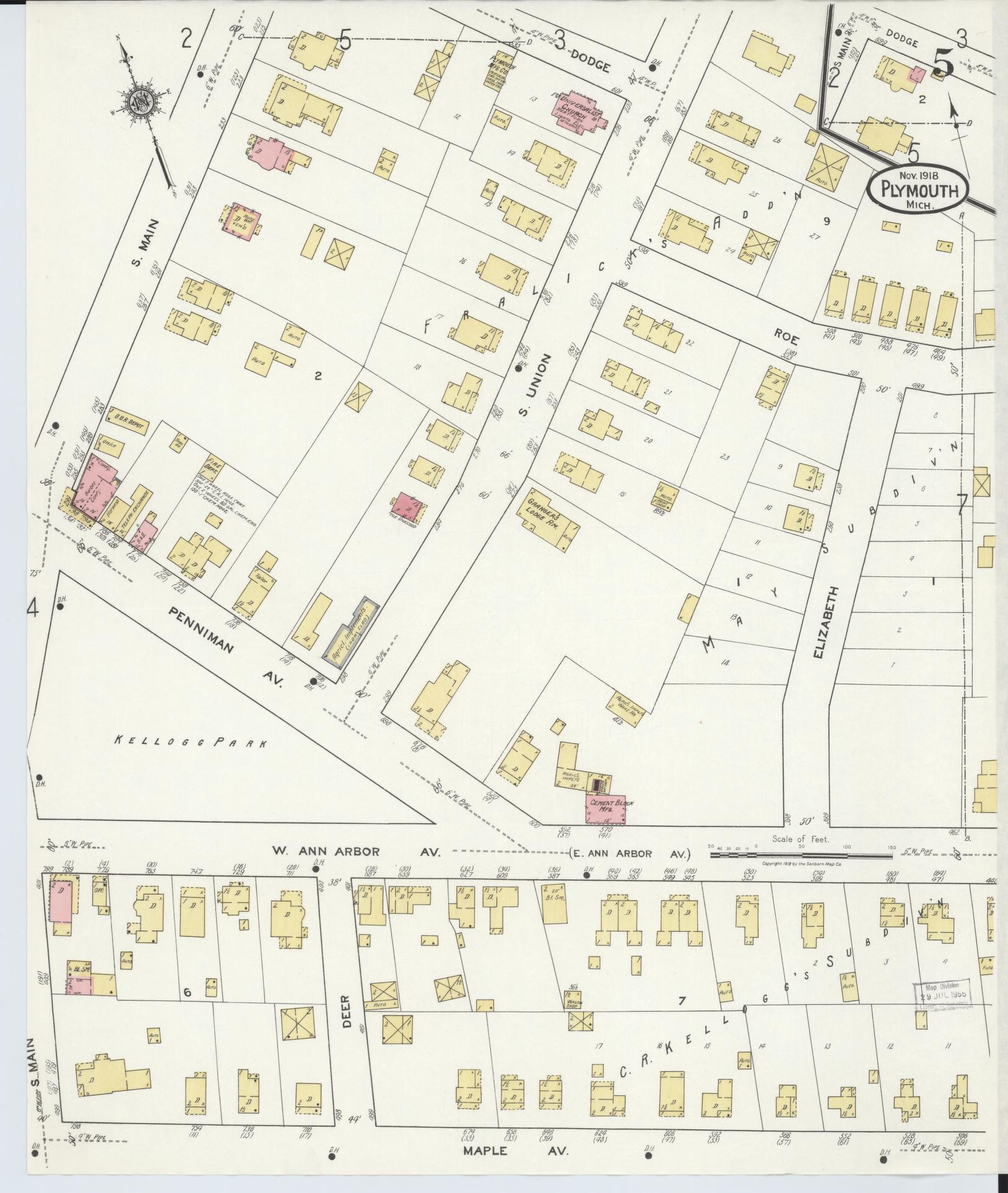 Sanborn Fire Insurance Map from Plymouth, Wayne County, Michigan (1918), Sheet #0005 - Historic Sanborn Fire Insurance Map Print, vintage old map wall art, antique decor, genealogy gift, Michigan Michigan map