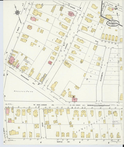 Sanborn Fire Insurance Map from Plymouth, Wayne County, Michigan (1918), Sheet #0005 - Historic Sanborn Fire Insurance Map Print, vintage old map wall art, antique decor, genealogy gift, Michigan Michigan map