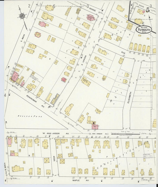 Sanborn Fire Insurance Map from Plymouth, Wayne County, Michigan (1918), Sheet #0005 - Historic Sanborn Fire Insurance Map Print, vintage old map wall art, antique decor, genealogy gift, Michigan Michigan map