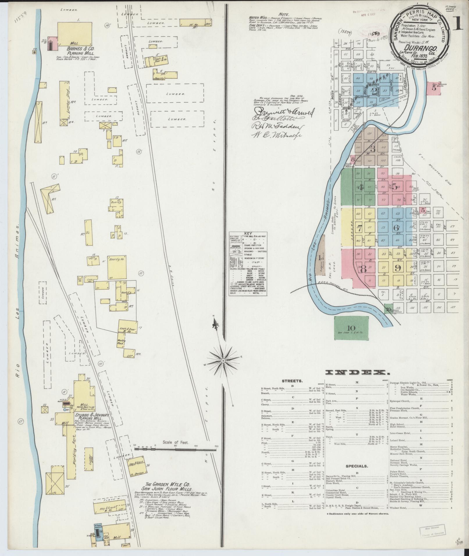 Sanborn Fire Insurance Map from Durango, La Plata County, Colorado (1893), Sheet #0001 - Historic Sanborn Fire Insurance Map Print, vintage old map wall art, antique decor, genealogy gift, Colorado Colorado map