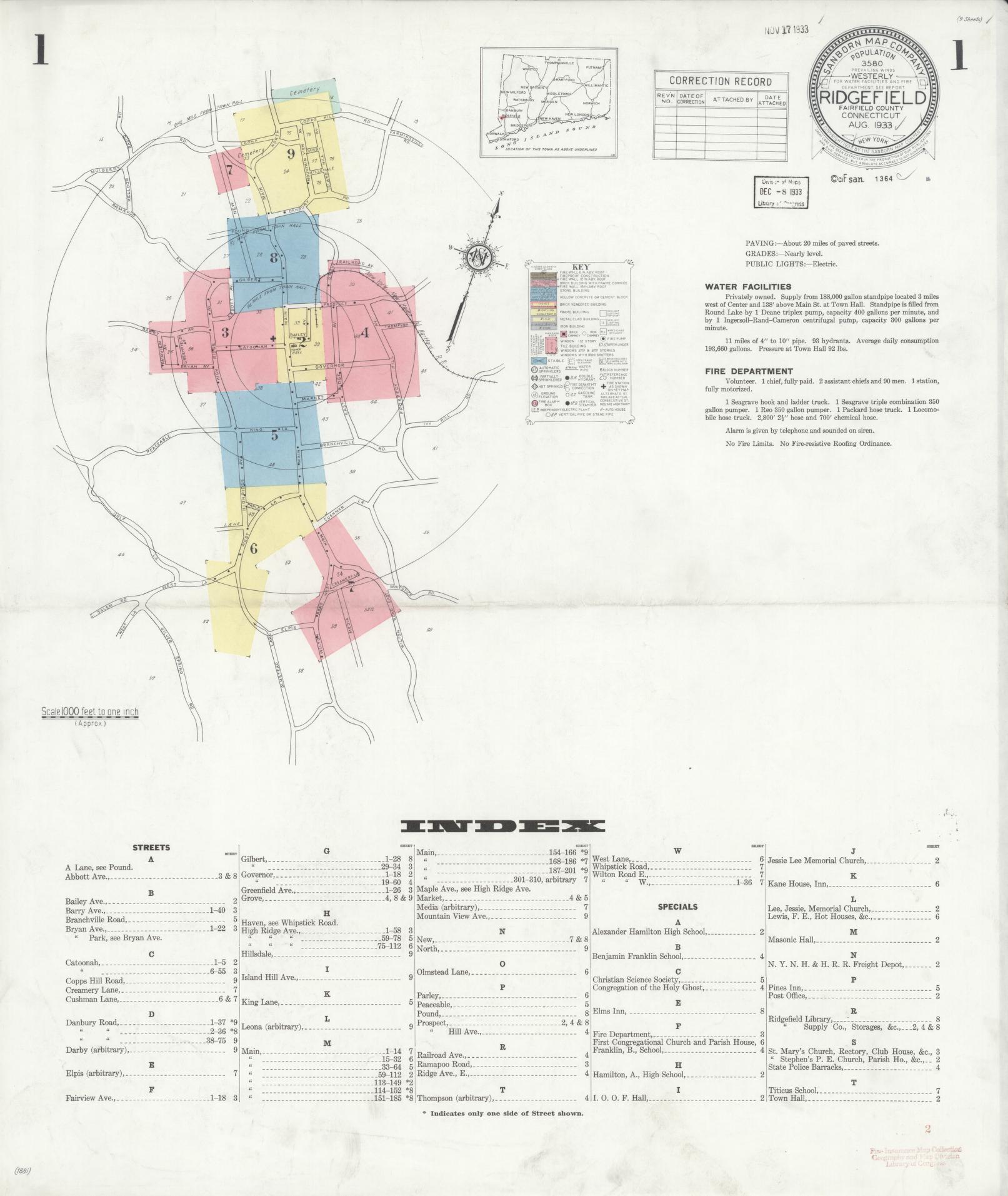 Sanborn Fire Insurance Map from Ridgefield, Fairfield County, Connecticut (1933), Sheet #0001 - Complete Map Set gallery image, historic Sanborn map, vintage wall art, Connecticut Connecticut