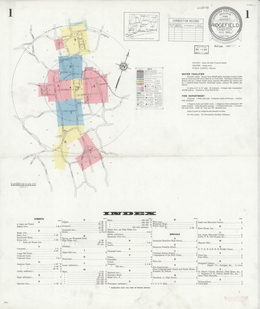 Sanborn Fire Insurance Map from Ridgefield, Fairfield County, Connecticut (1933), Sheet #0001 - Complete Map Set gallery image, historic Sanborn map, vintage wall art, Connecticut Connecticut