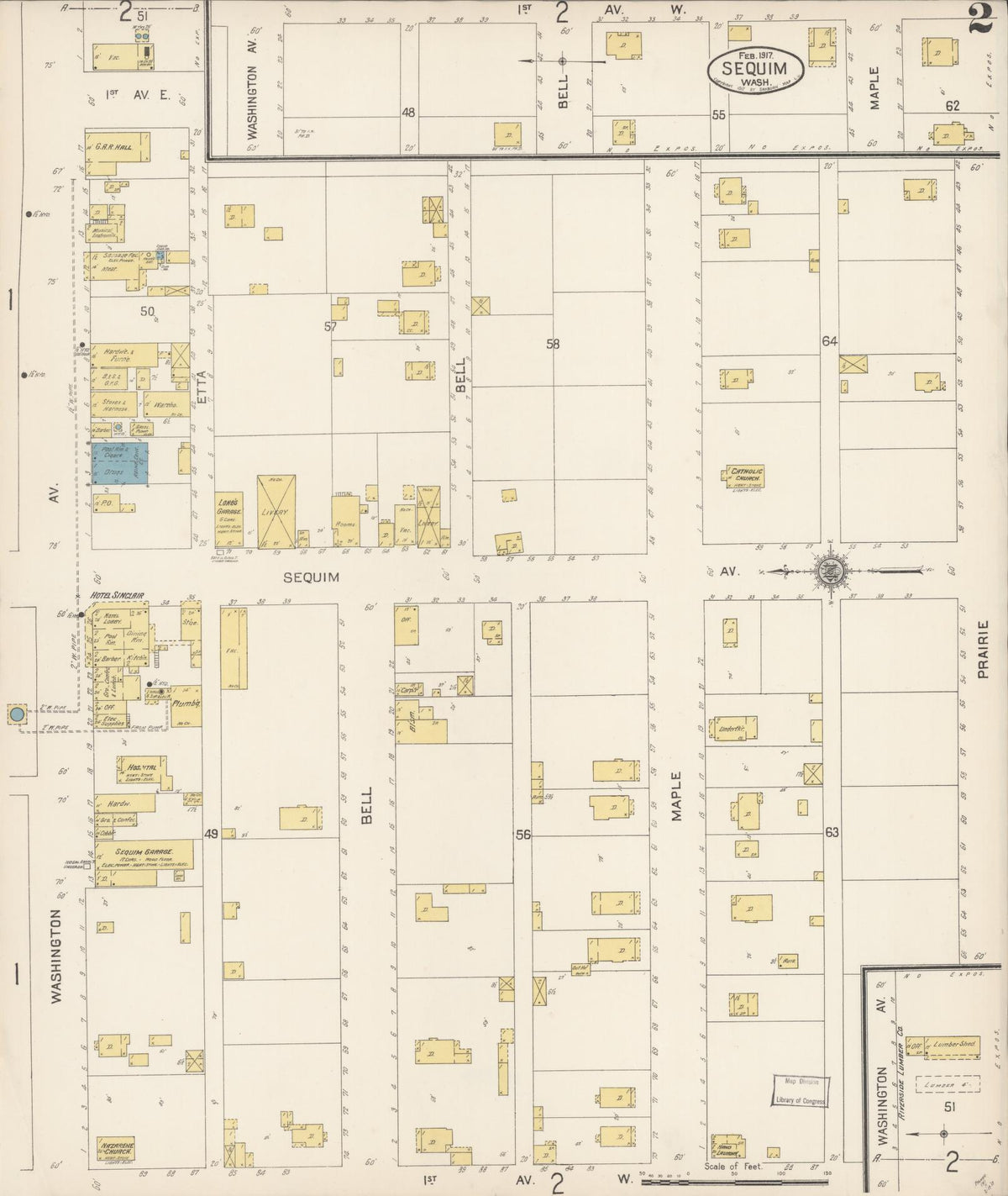 Sanborn Fire Insurance Map from Sequim, Clallam County, Washington (1917), Sheet #0002 - Historic Sanborn Fire Insurance Map Print, vintage old map wall art, antique decor, genealogy gift, Washington Washington map