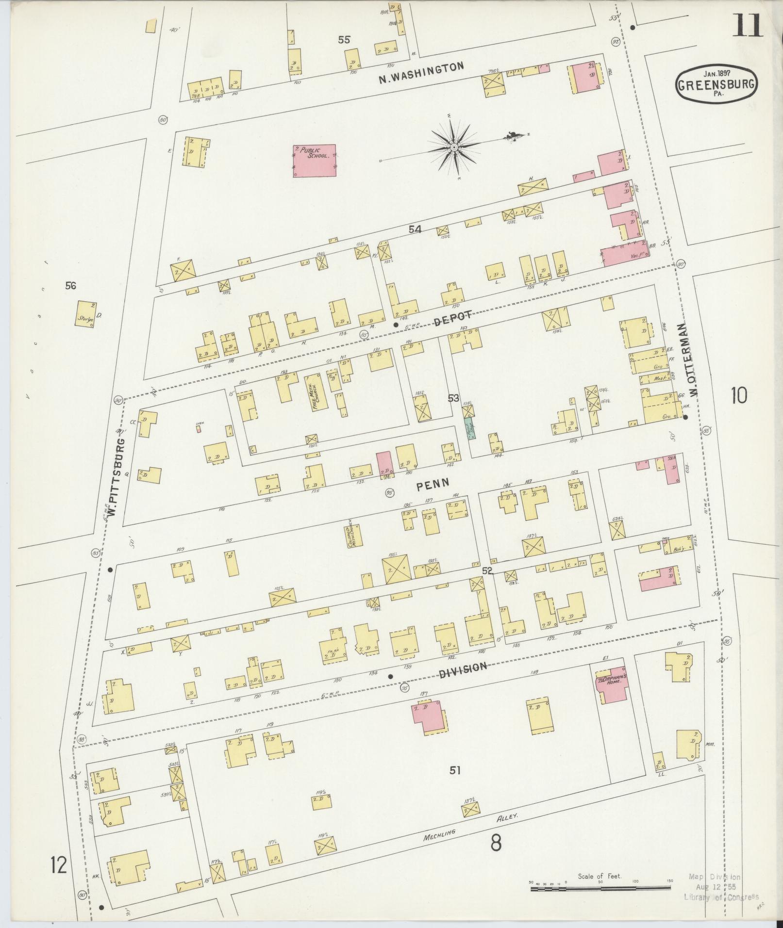 Sanborn Fire Insurance Map from Greensburg, Westmoreland County, Pennsylvania (1897), Sheet #0011 - Historic Sanborn Fire Insurance Map Print, vintage old map wall art, antique decor, genealogy gift, Pennsylvania Pennsylvania map