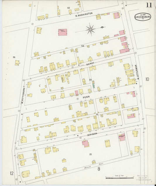 Sanborn Fire Insurance Map from Greensburg, Westmoreland County, Pennsylvania (1897), Sheet #0011 - Historic Sanborn Fire Insurance Map Print, vintage old map wall art, antique decor, genealogy gift, Pennsylvania Pennsylvania map
