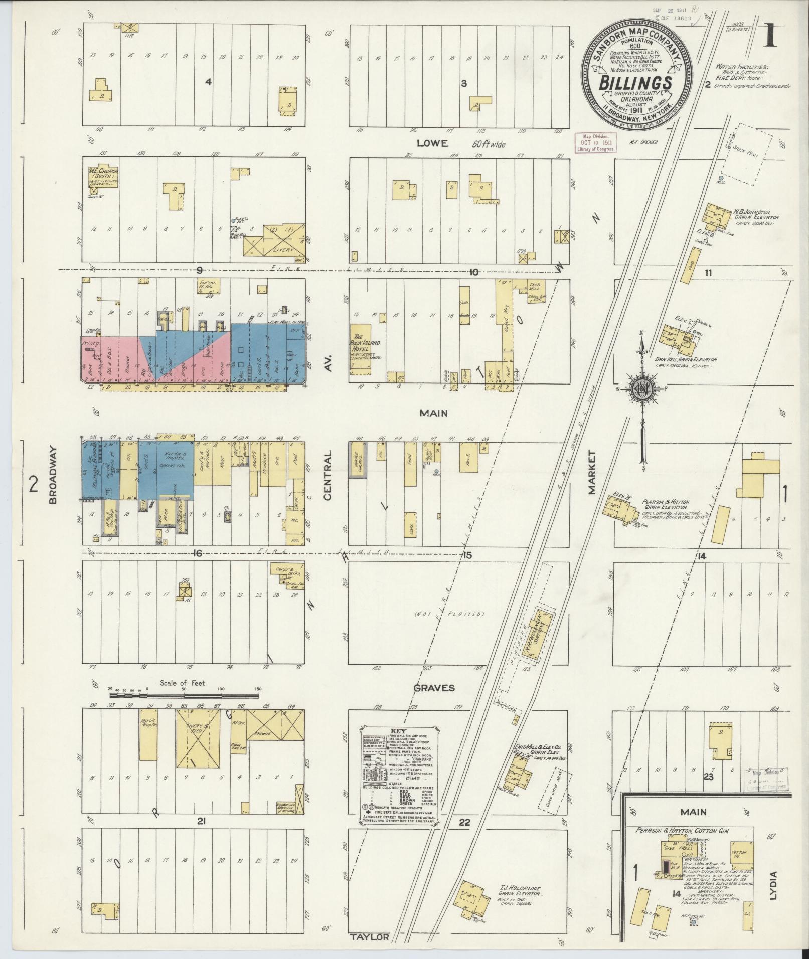 Sanborn Fire Insurance Map from Billings, Noble County, Oklahoma (1911), Sheet #0001 - Complete Map Set gallery image, historic Sanborn map, vintage wall art, Oklahoma Oklahoma