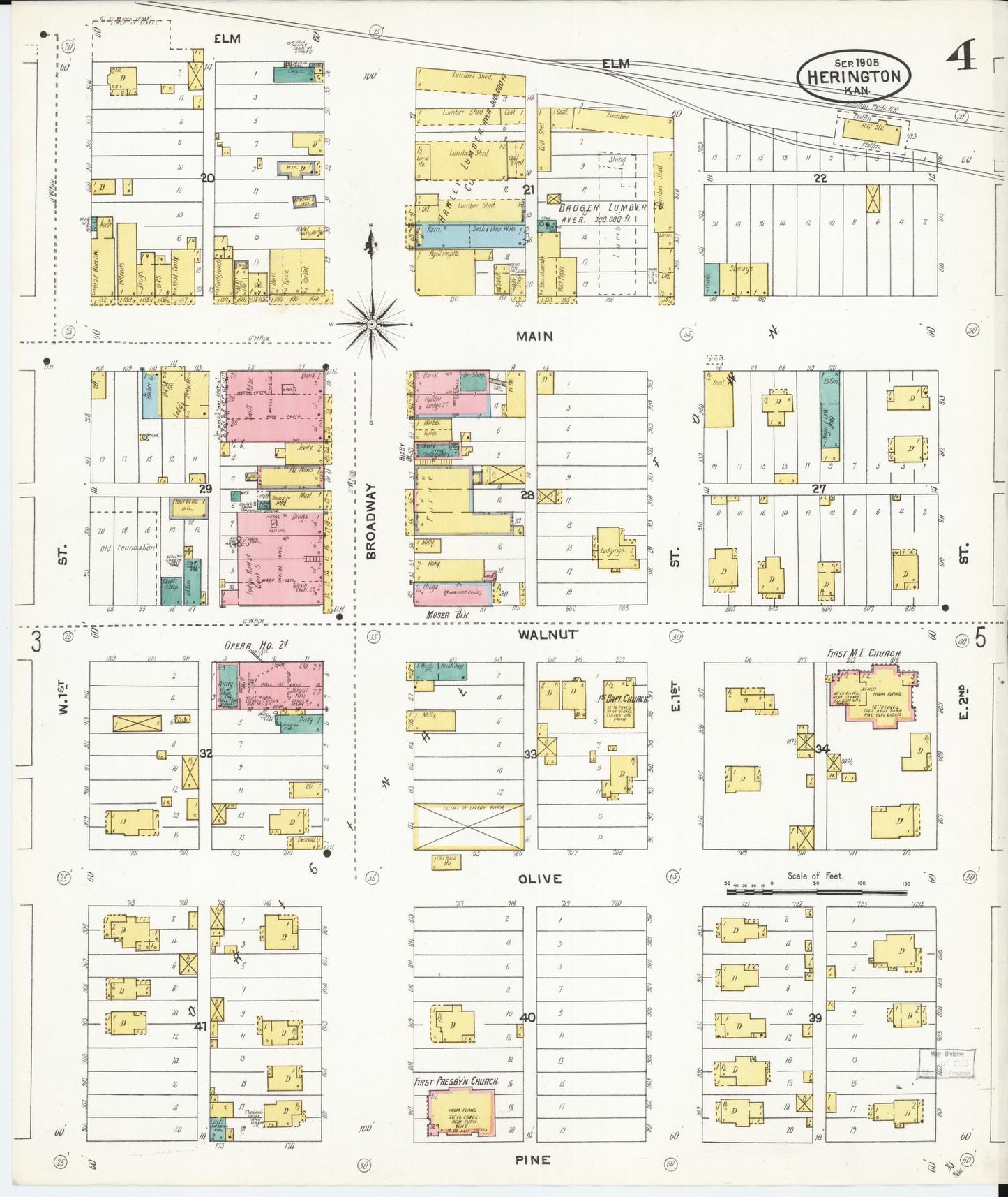 Sanborn Fire Insurance Map from Herington, Dickinson County, Kansas (1905), Sheet #0004 - Complete Map Set gallery image, historic Sanborn map, vintage wall art, Kansas Kansas