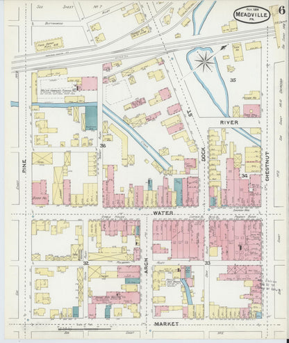 Sanborn Fire Insurance Map from Meadville, Crawford County, Pennsylvania (1891), Sheet #0006 - Historic Sanborn Fire Insurance Map Print, vintage old map wall art, antique decor, genealogy gift, Pennsylvania Pennsylvania map