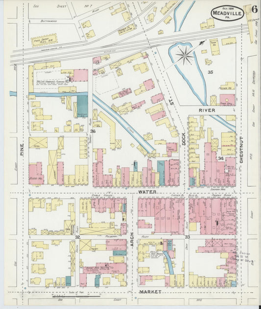 Sanborn Fire Insurance Map from Meadville, Crawford County, Pennsylvania (1891), Sheet #0006 - Historic Sanborn Fire Insurance Map Print, vintage old map wall art, antique decor, genealogy gift, Pennsylvania Pennsylvania map
