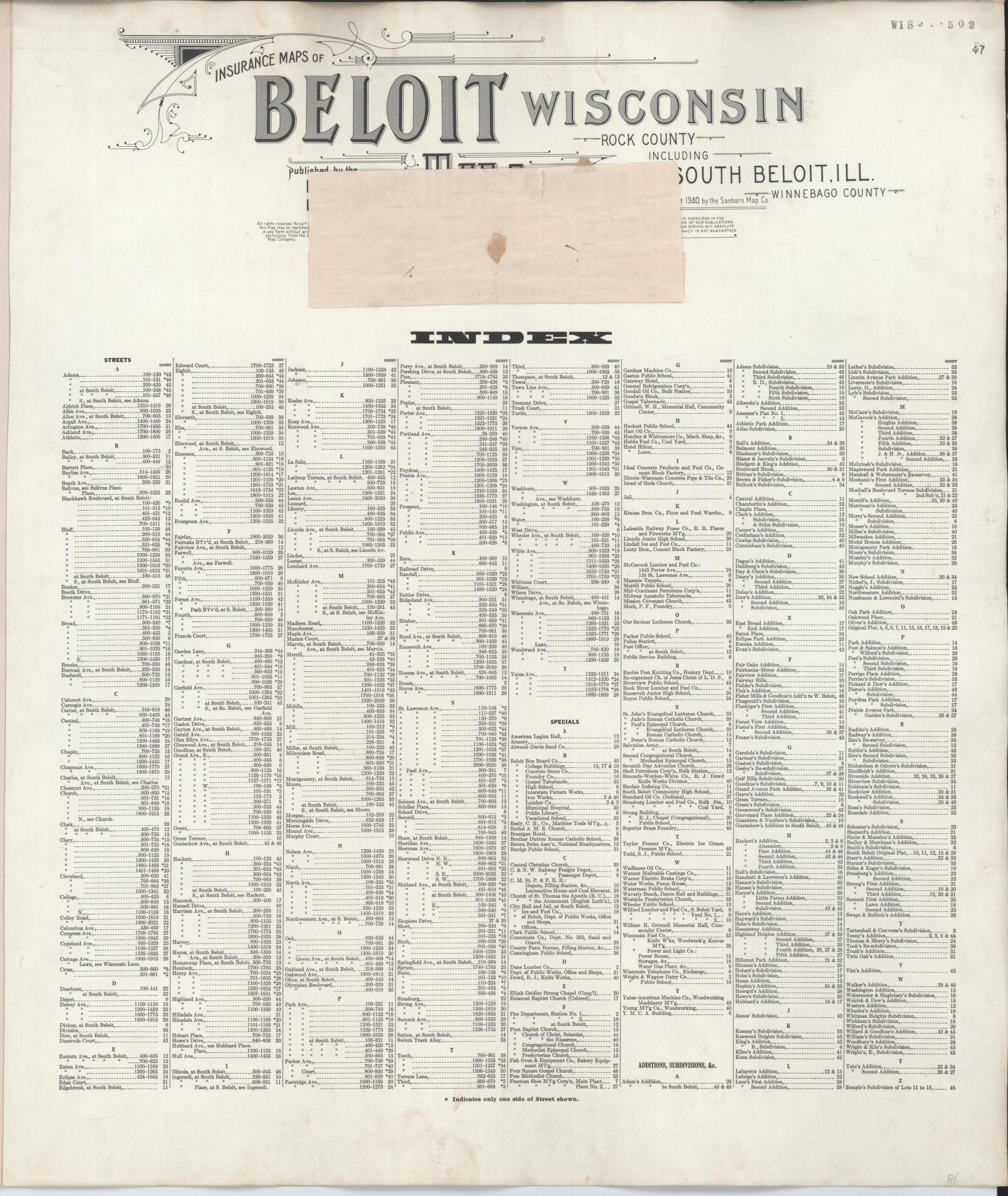 Sanborn Fire Insurance Map from Beloit, Rock County, Wisconsin (1950), Sheet #0001 - Historic Sanborn Fire Insurance Map Print, vintage old map wall art, antique decor, genealogy gift, Wisconsin Wisconsin map