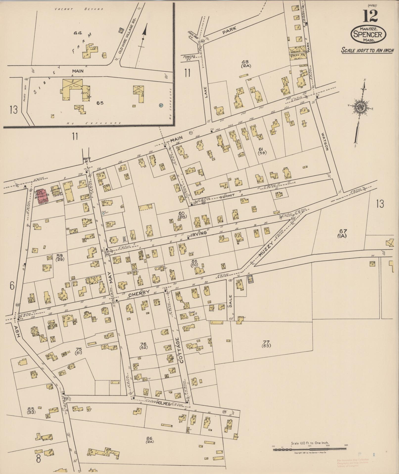 Sanborn Fire Insurance Map from Spencer, Worcester County, Massachusetts (1922), Sheet #0012 - Complete Map Set gallery image, historic Sanborn map, vintage wall art, Massachusetts Massachusetts