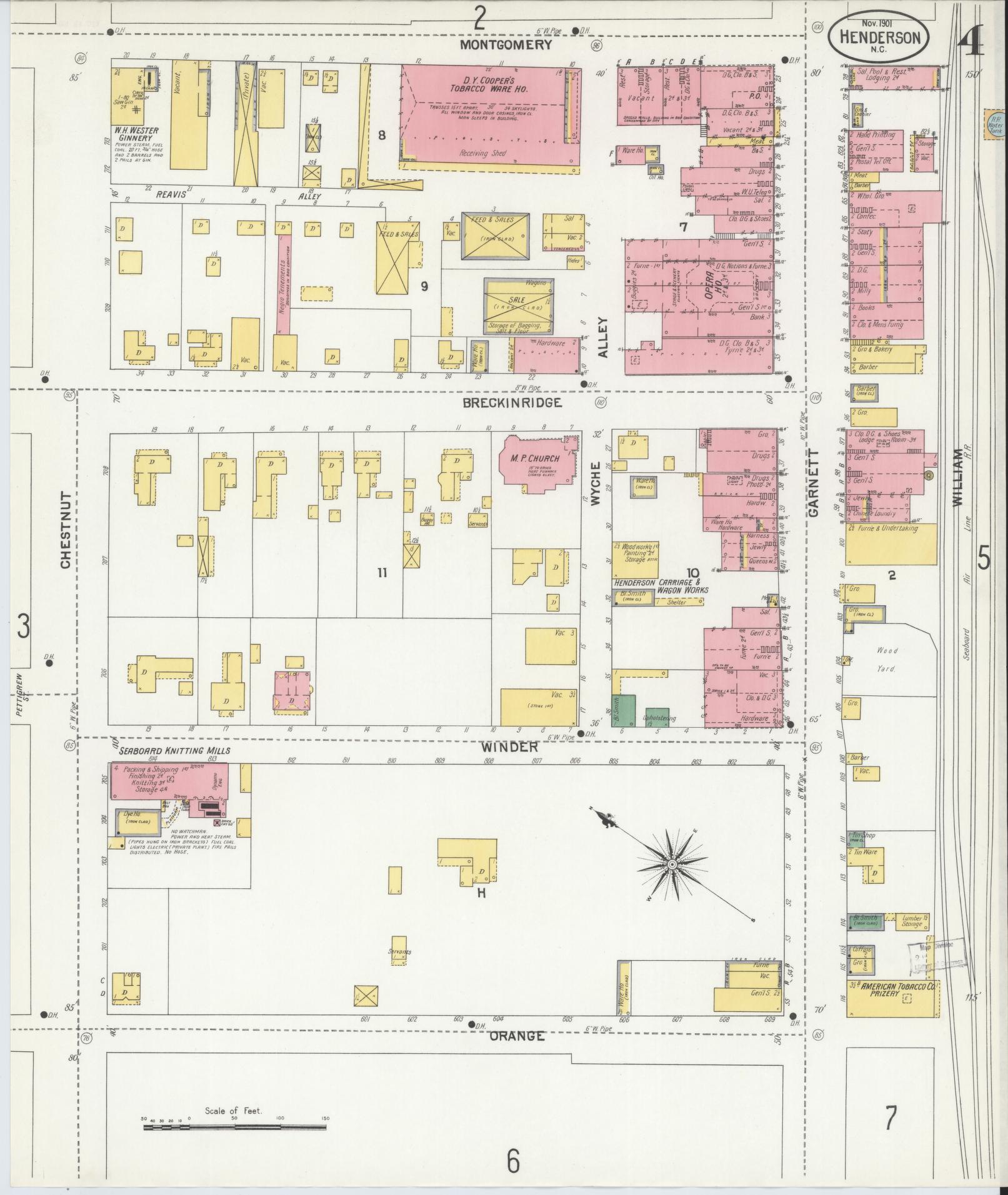 Sanborn Fire Insurance Map from Henderson, Vance County, North Carolina (1901), Sheet #0004 - Historic Sanborn Fire Insurance Map Print, vintage old map wall art, antique decor, genealogy gift, North Carolina North Carolina map