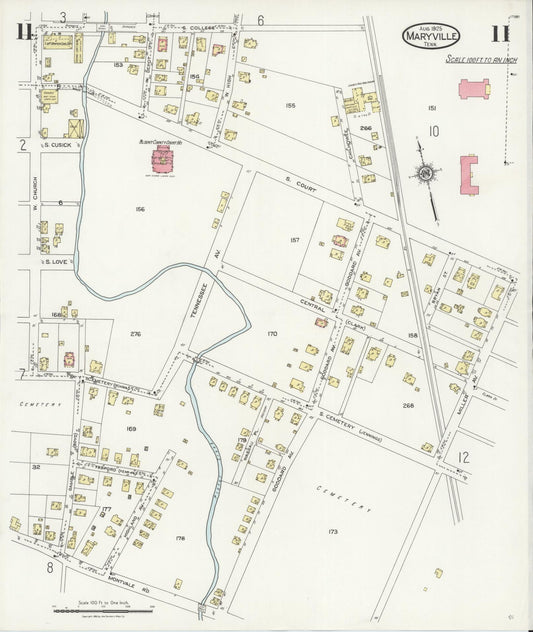 Sanborn Fire Insurance Map from Maryville, Blount County, Tennessee (1925), Sheet #0011 - Historic Sanborn Fire Insurance Map Print, vintage old map wall art, antique decor, genealogy gift, Tennessee Tennessee map