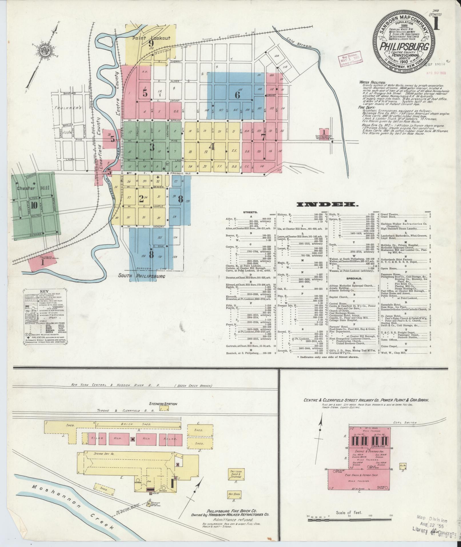 Sanborn Fire Insurance Map from Philipsburg, Centre County, Pennsylvania (1910), Sheet #0001 - Historic Sanborn Fire Insurance Map Print, vintage old map wall art, antique decor, genealogy gift, Pennsylvania Pennsylvania map