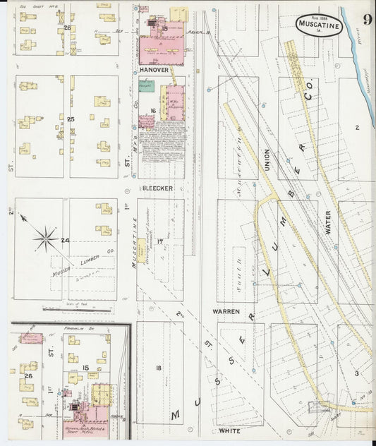 Sanborn Fire Insurance Map from Muscatine, Muscatine County, Iowa (1888), Sheet #0009 - Historic Sanborn Fire Insurance Map Print, vintage old map wall art