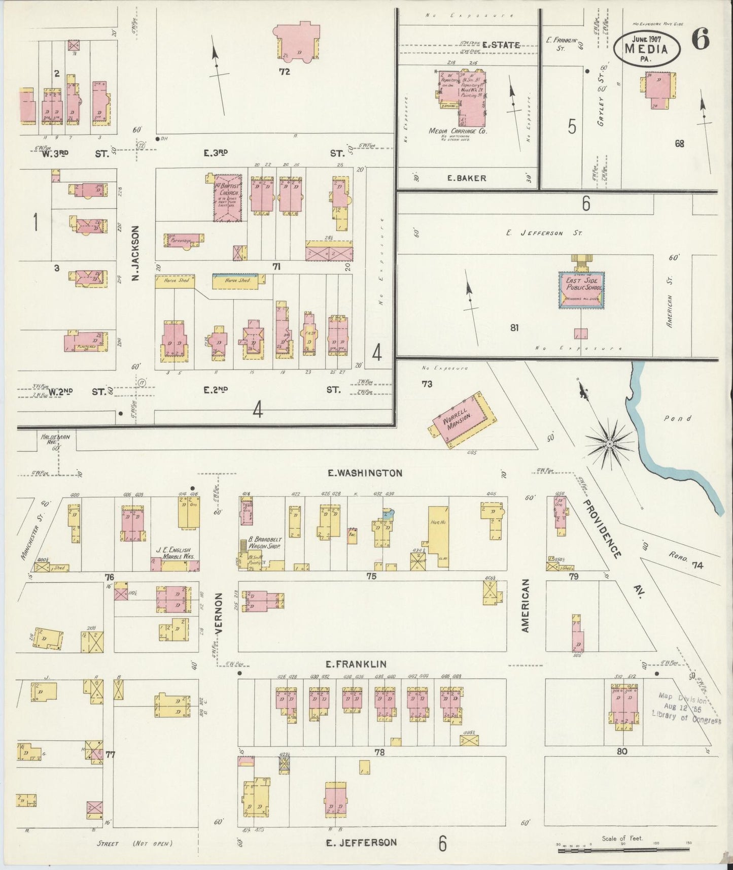 Sanborn Fire Insurance Map from Media, Delaware County, Pennsylvania (1907), Sheet #0006 - Historic Sanborn Fire Insurance Map Print, vintage old map wall art, antique decor, genealogy gift, Pennsylvania Pennsylvania map