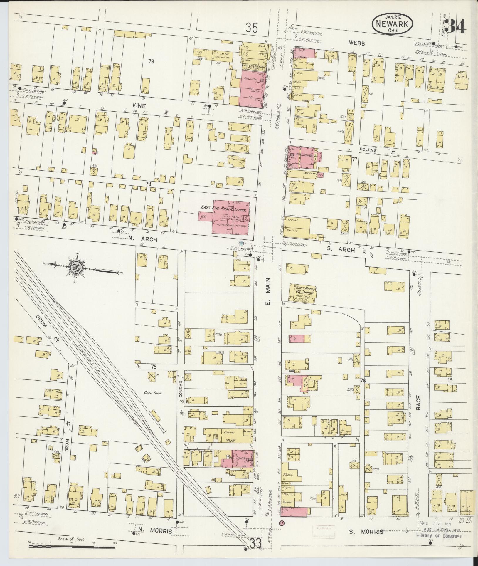 Sanborn Fire Insurance Map from Newark, Licking County, Ohio (1912), Sheet #0034 - Historic Sanborn Fire Insurance Map Print, vintage old map wall art, antique decor, genealogy gift, Ohio Ohio map