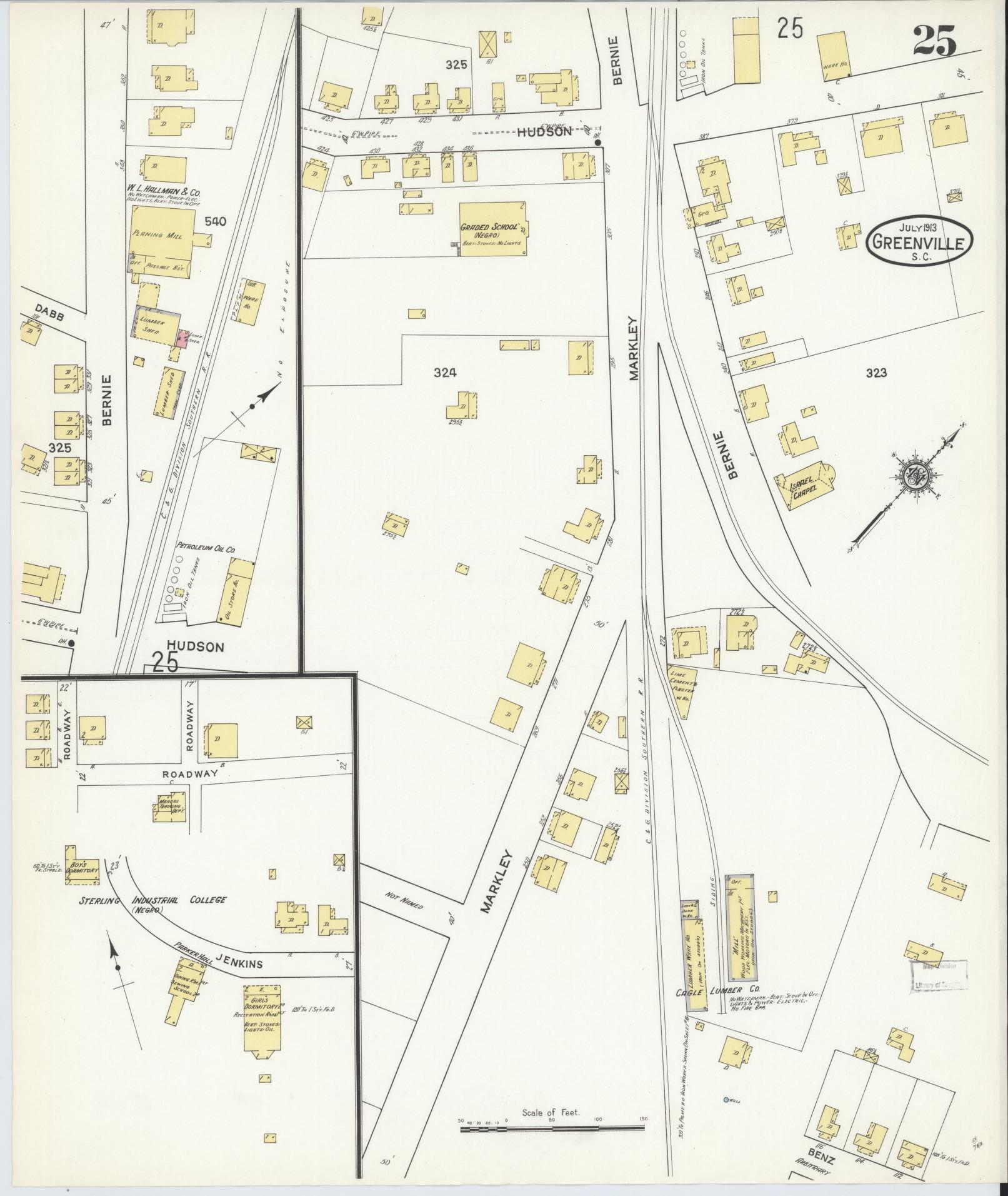 Sanborn Fire Insurance Map from Greenville, Greenville County, South Carolina (1913), Sheet #0025 - Historic Sanborn Fire Insurance Map Print, vintage old map wall art, antique decor, genealogy gift, South Carolina South Carolina map