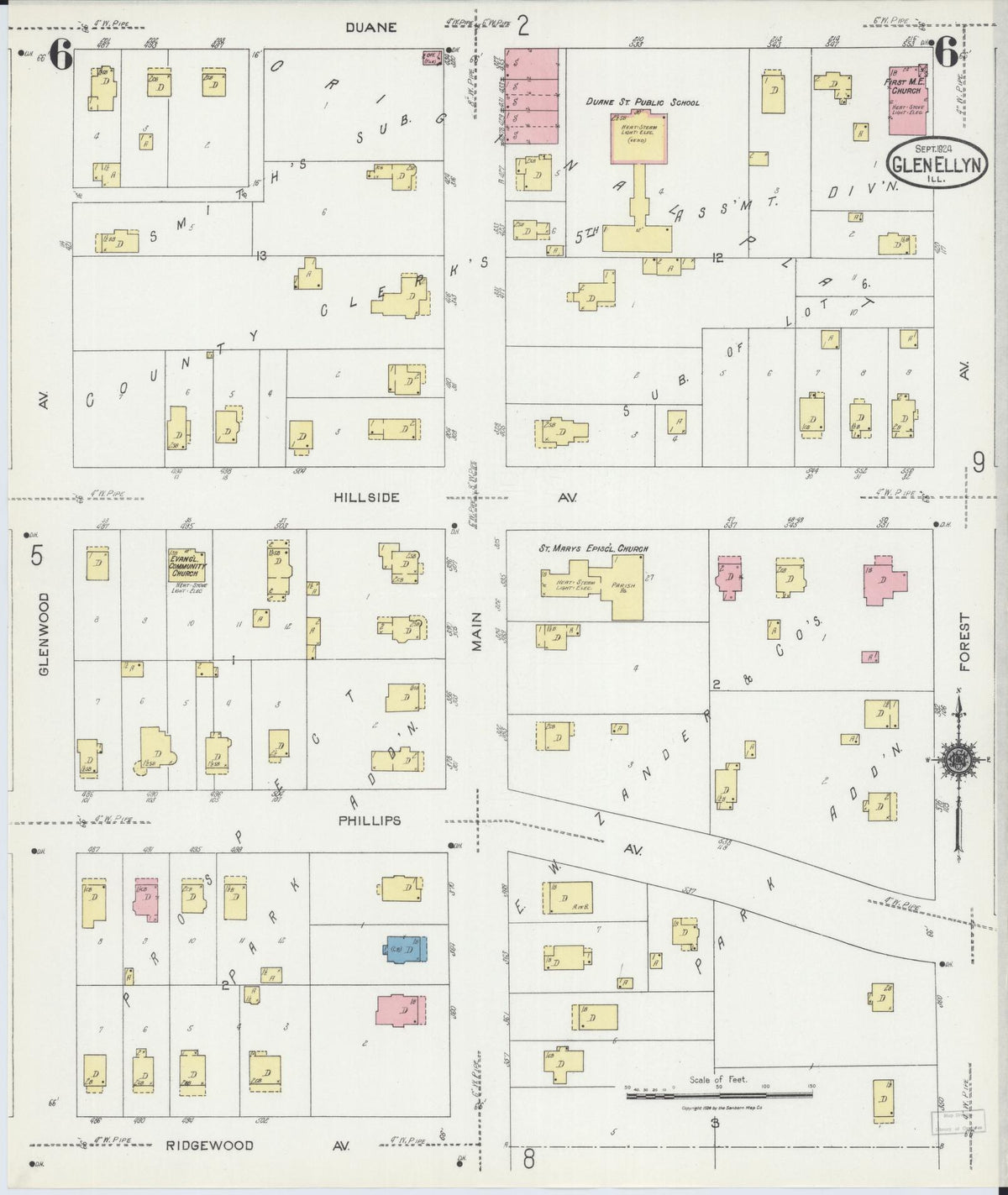 Sanborn Fire Insurance Map from Glen Ellyn, Du Page County, Illinois (1924), Sheet #0006 - Historic Sanborn Fire Insurance Map Print, vintage old map wall art, antique decor, genealogy gift, Illinois Illinois map