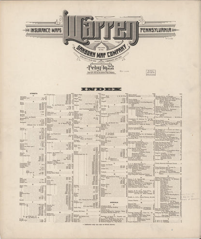 Sanborn Fire Insurance Map from Warren, Warren County, Pennsylvania (1922), Sheet #0001 - Historic Sanborn Fire Insurance Map Print, vintage old map wall art, antique decor, genealogy gift, Pennsylvania Pennsylvania map