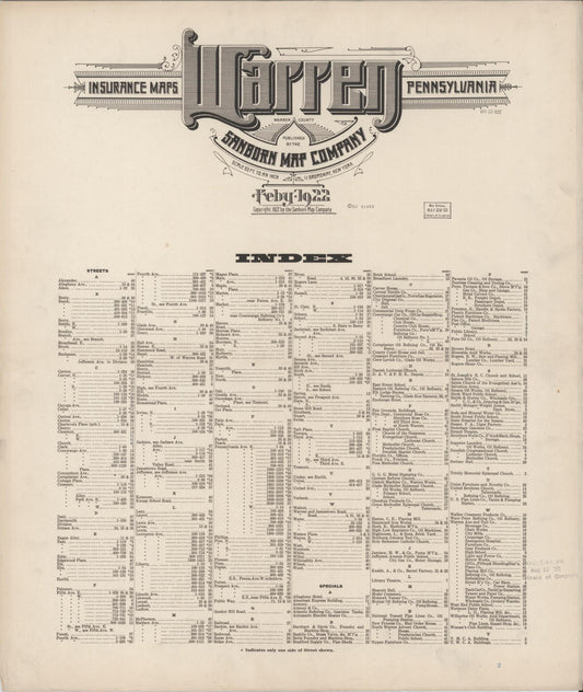 Sanborn Fire Insurance Map from Warren, Warren County, Pennsylvania (1922), Sheet #0001 - Historic Sanborn Fire Insurance Map Print, vintage old map wall art, antique decor, genealogy gift, Pennsylvania Pennsylvania map