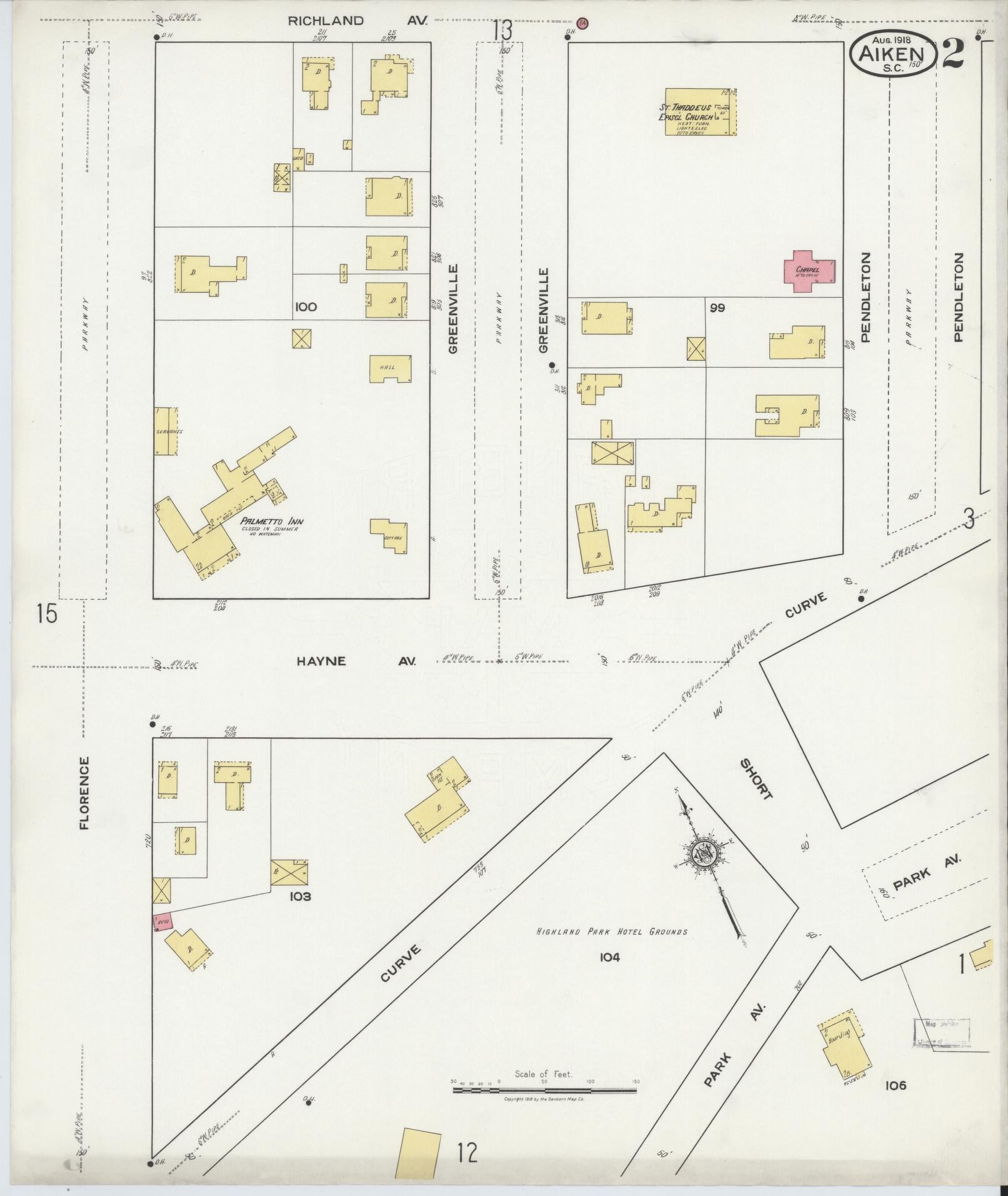 Sanborn Fire Insurance Map from Aiken, Aiken County, South Carolina (1918), Sheet #0002 - Historic Sanborn Fire Insurance Map Print, vintage old map wall art, antique decor, genealogy gift, South Carolina South Carolina map