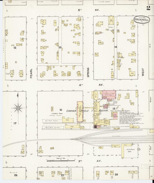 Sanborn Fire Insurance Map from Grinnell, Poweshiek County, Iowa (1888), Sheet #0002 - Historic Sanborn Fire Insurance Map Print, vintage old map wall art