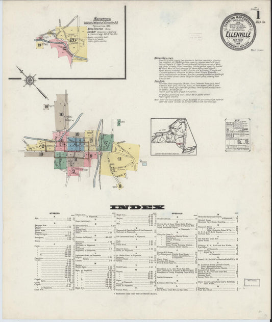 Sanborn Fire Insurance Map from Ellenville, Ulster County, New York (1914), Sheet #0001 - Historic Sanborn Fire Insurance Map Print, vintage old map wall art, antique decor, genealogy gift, New York New York map