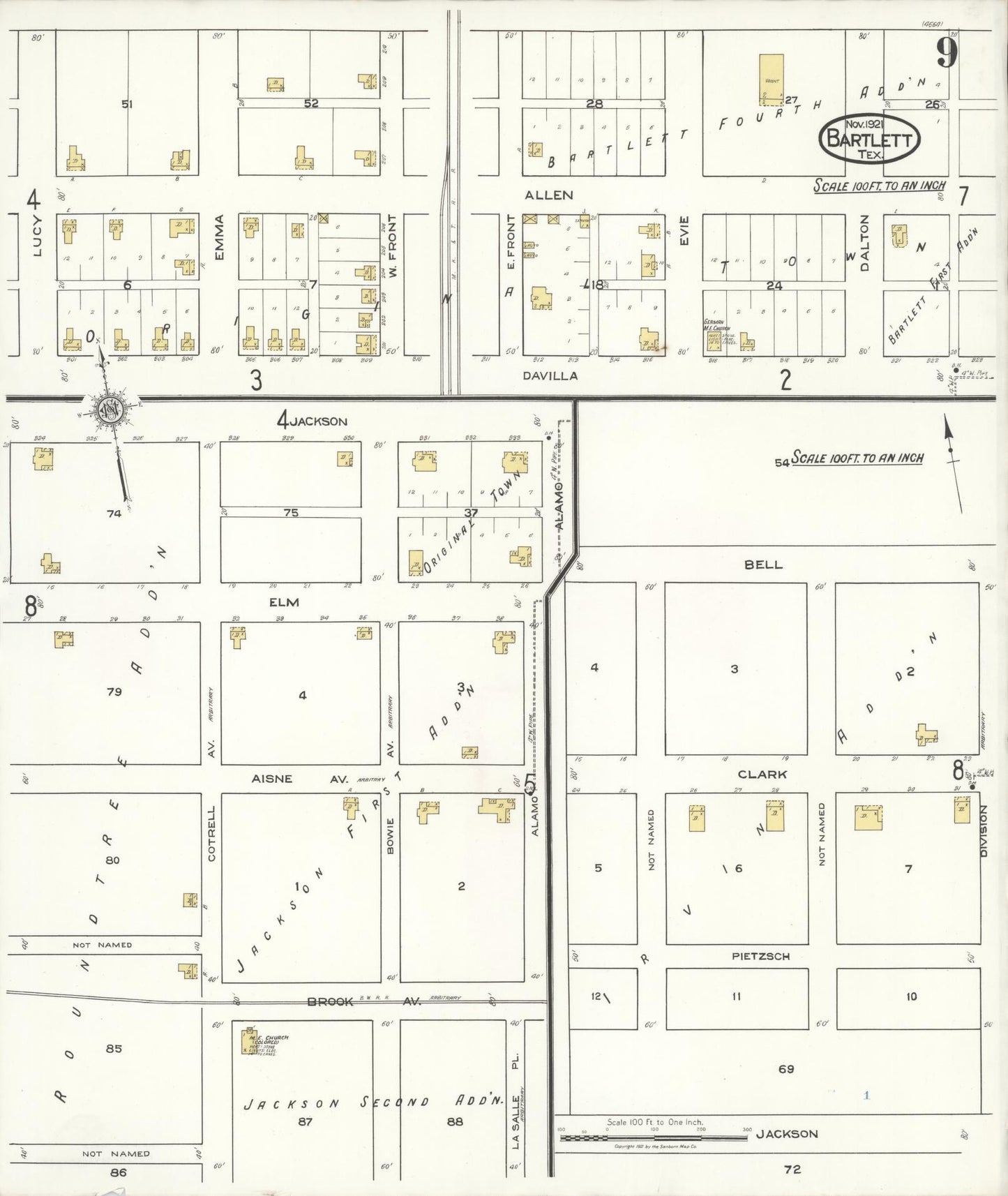 Sanborn Fire Insurance Map from Bartlett, Bell and Williamson Counties, Texas (1921), Sheet #0009 - Complete Map Set gallery image, historic Sanborn map, vintage wall art, Texas Texas