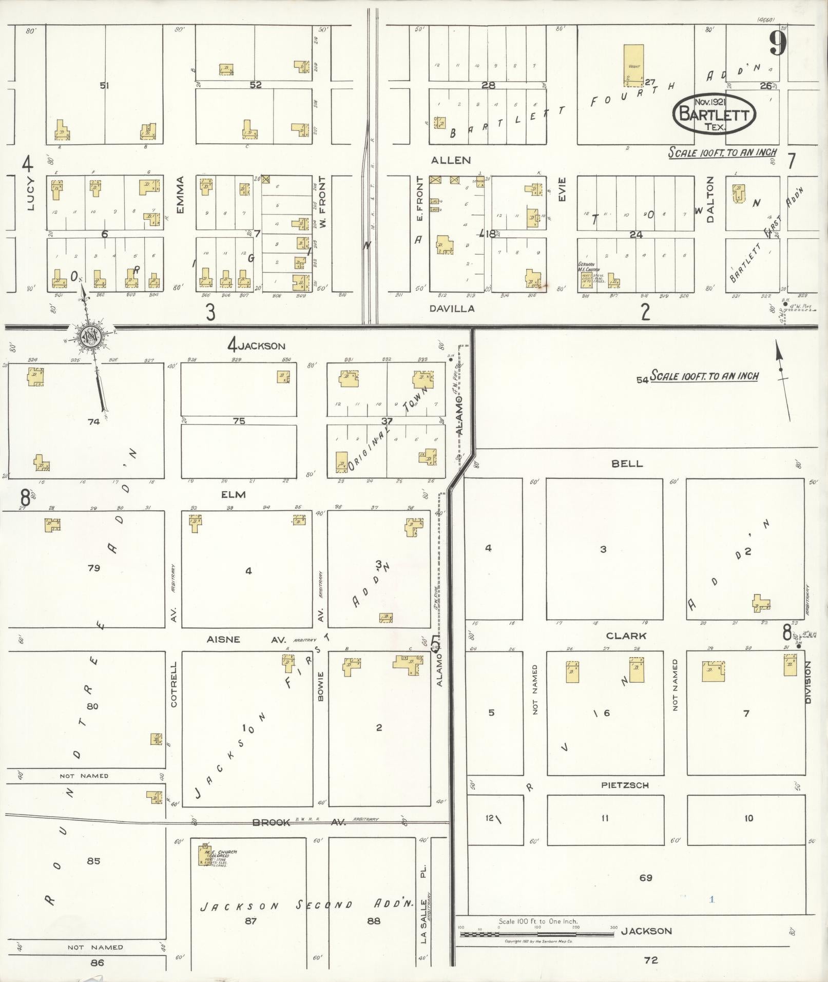 Sanborn Fire Insurance Map from Bartlett, Bell and Williamson Counties, Texas (1921), Sheet #0009 - Complete Map Set gallery image, historic Sanborn map, vintage wall art, Texas Texas