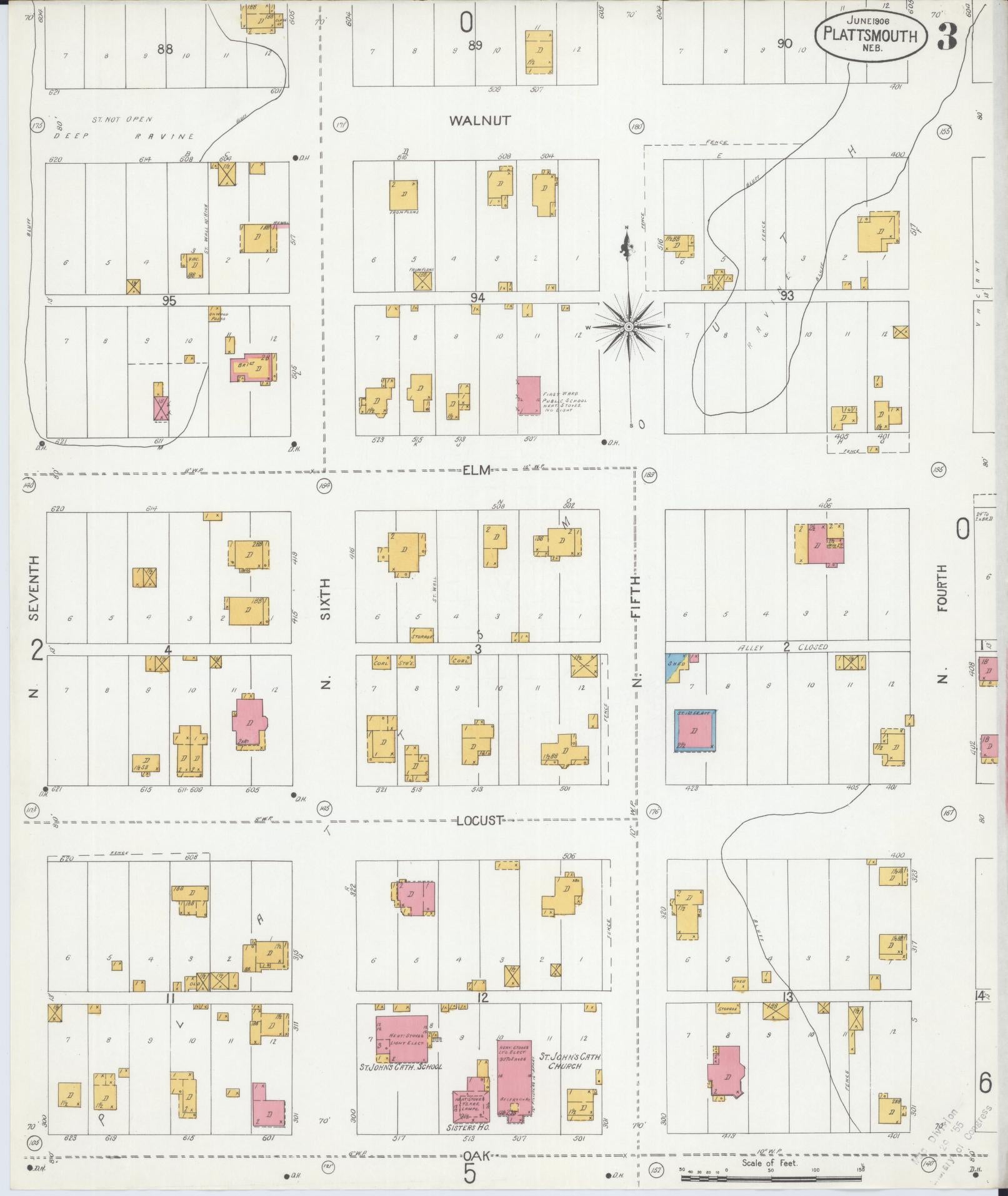 Sanborn Fire Insurance Map from Plattsmouth, Cass County, Nebraska (1906), Sheet #0003 - Historic Sanborn Fire Insurance Map Print, vintage old map wall art, antique decor, genealogy gift, Nebraska Nebraska map