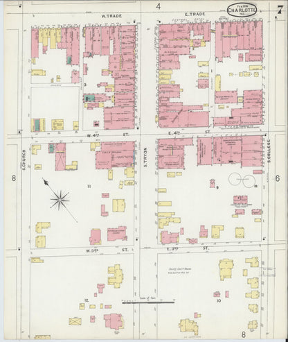 Sanborn Fire Insurance Map from Charlotte, Mecklenburg County, North Carolina (1896), Sheet #0007 - Historic Sanborn Fire Insurance Map Print, vintage old map wall art, antique decor, genealogy gift, North Carolina North Carolina map