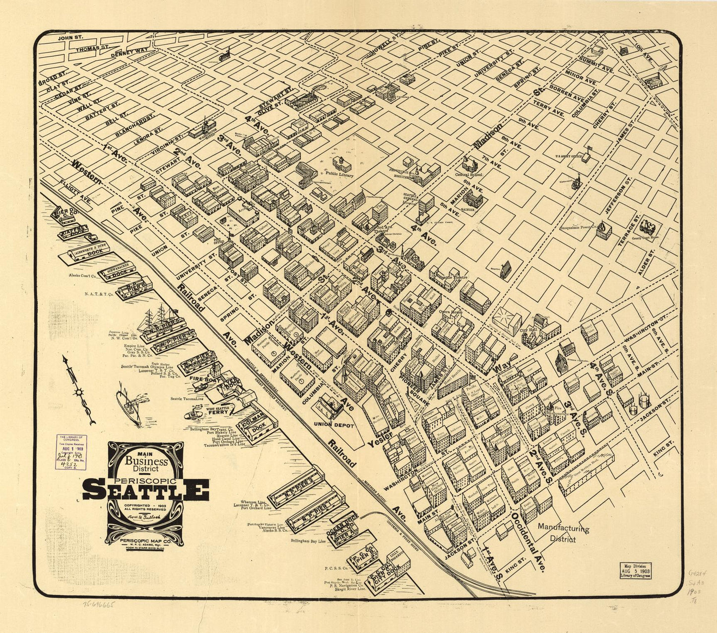 Main business district periscopic Seattle. (1903) – Historic Bird’s-Eye View Panorama Print