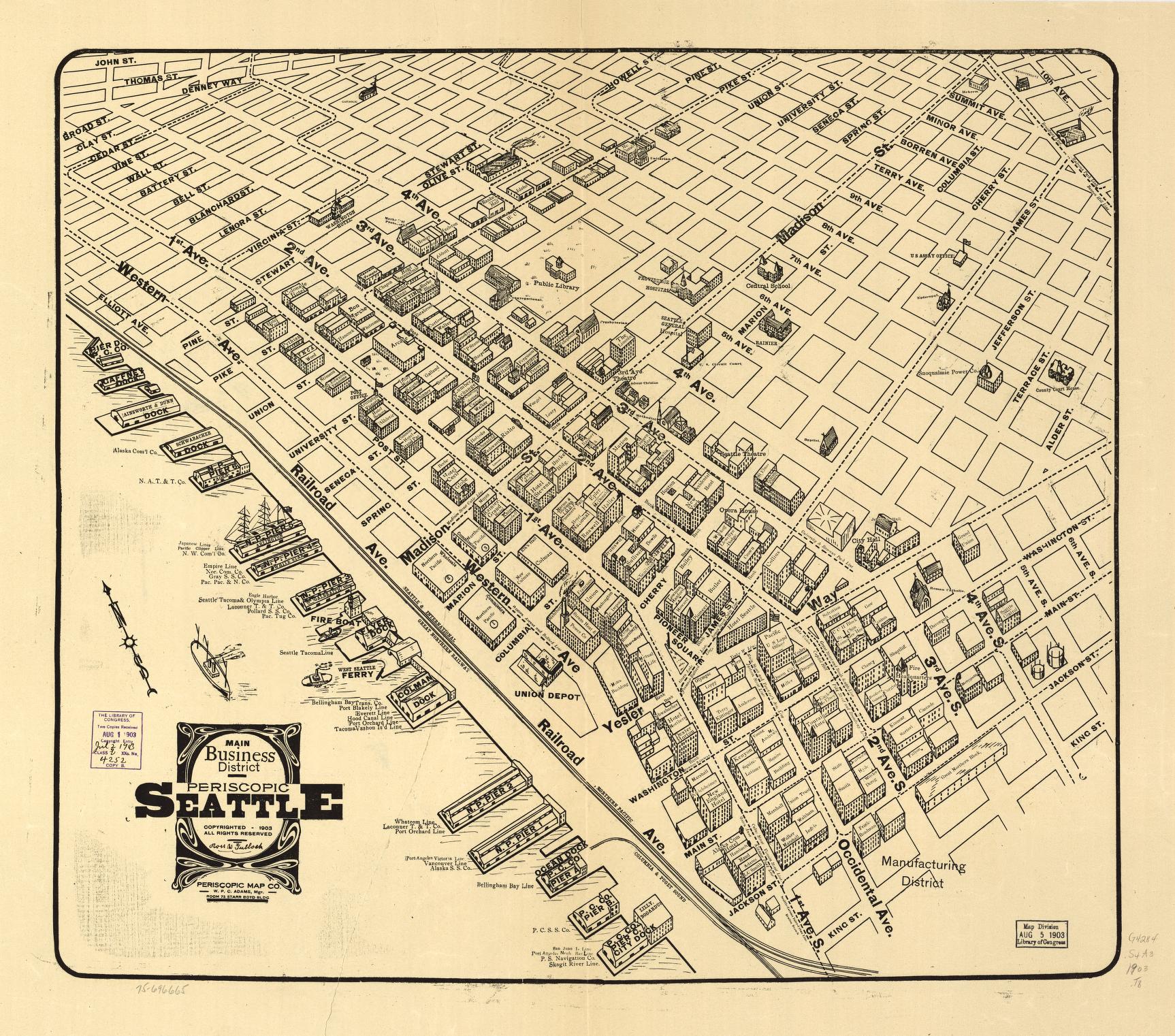 Main business district periscopic Seattle. (1903) – Historic Bird’s-Eye View Panorama Print