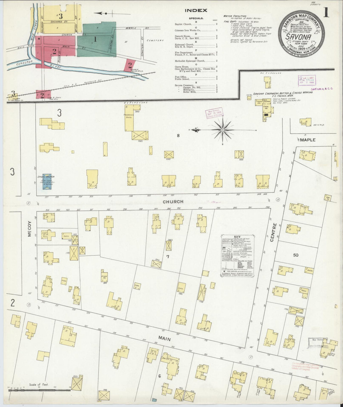 Sanborn Fire Insurance Map from Savona, Steuben County, New York (1909), Sheet #0001 - Historic Sanborn Fire Insurance Map Print, vintage old map wall art, antique decor, genealogy gift, New York New York map