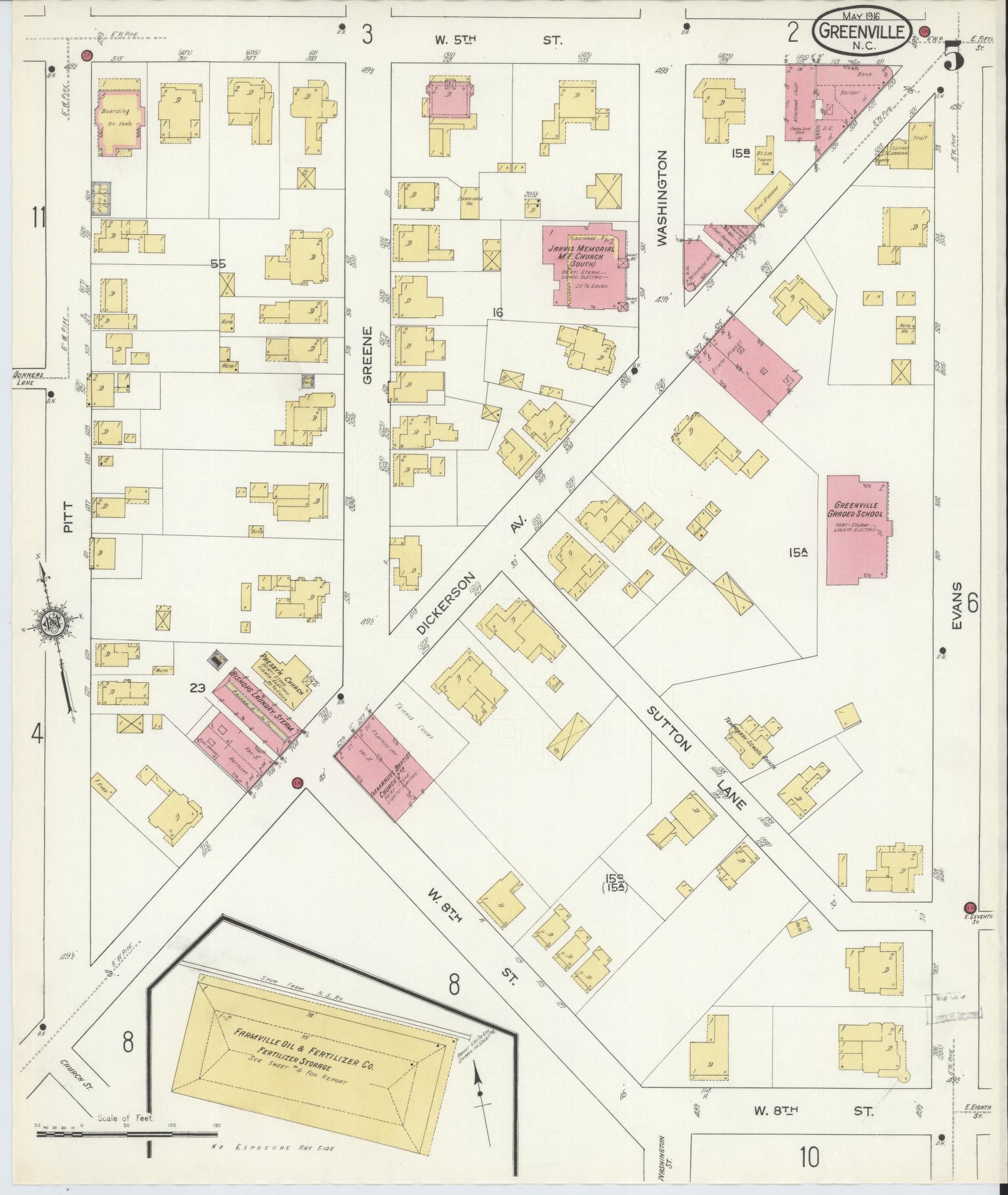 Sanborn Fire Insurance Map from Greenville, Pitt County, North Carolina (1916), Sheet #0005 - Complete Map Set gallery image, historic Sanborn map, vintage wall art, North Carolina North Carolina