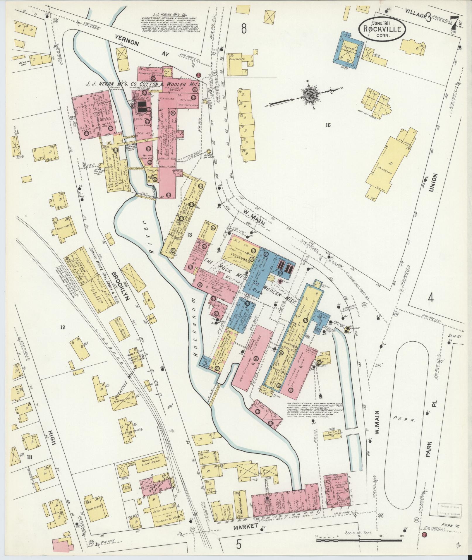 Sanborn Fire Insurance Map from Rockville, Tolland County, Connecticut (1911), Sheet #0007 - Complete Map Set gallery image, historic Sanborn map, vintage wall art, Connecticut Connecticut