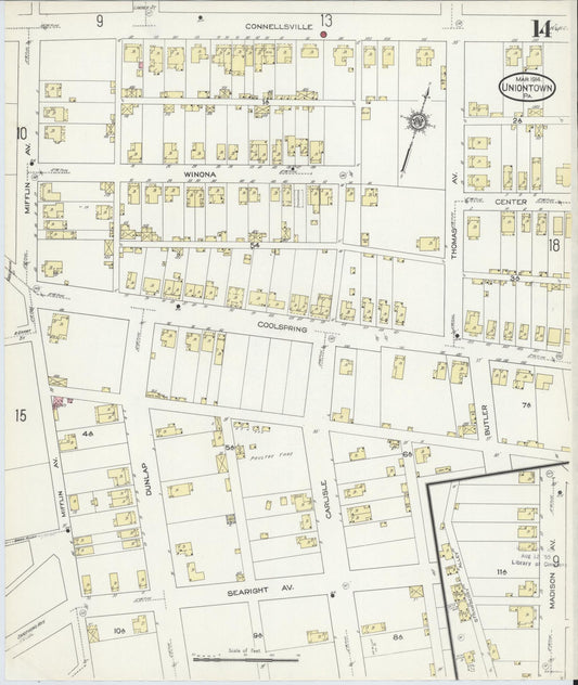 Sanborn Fire Insurance Map from Uniontown, Fayette County, Pennsylvania (1914), Sheet #0014 - Historic Sanborn Fire Insurance Map Print, vintage old map wall art, antique decor, genealogy gift, Pennsylvania Pennsylvania map