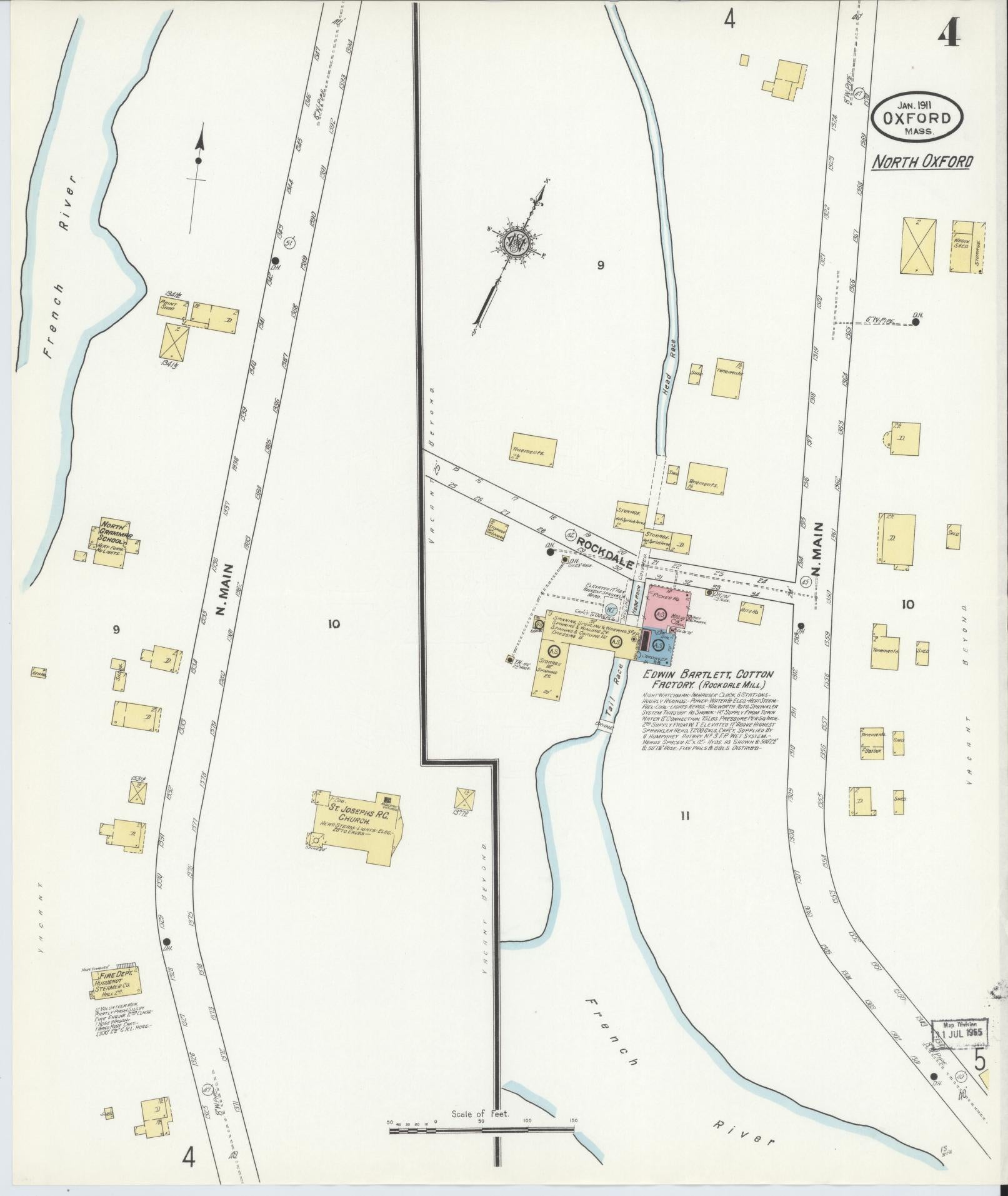 Sanborn Fire Insurance Map from Oxford, Worcester County, Massachusetts (1911), Sheet #0004 - Historic Sanborn Fire Insurance Map Print, vintage old map wall art, antique decor, genealogy gift, Massachusetts Massachusetts map