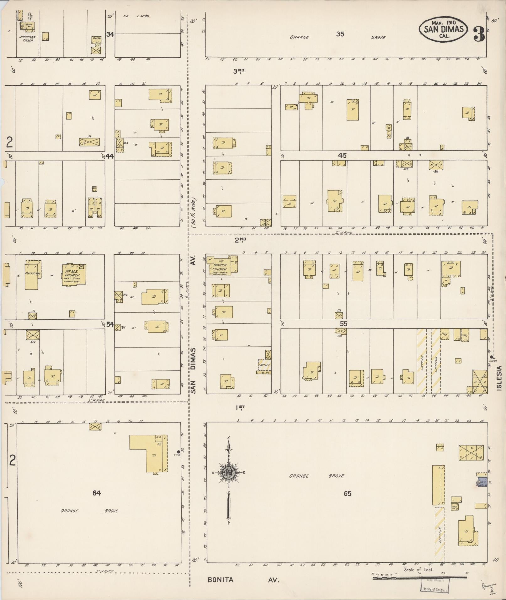 Sanborn Fire Insurance Map from San Dimas, Los Angeles County, California (1910), Sheet #0003 - Complete Map Set gallery image, historic Sanborn map, vintage wall art, California California