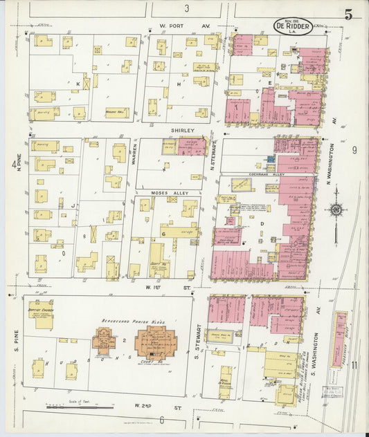 Sanborn Fire Insurance Map from De Ridder, Beauregard Parish, Louisiana (1916), Sheet #0005 - Historic Sanborn Fire Insurance Map Print, vintage old map wall art, antique decor, genealogy gift, Louisiana Louisiana map