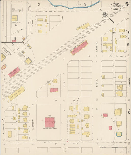 Sanborn Fire Insurance Map from Lewistown, Fergus County, Montana (1916), Sheet #0005 - Historic Sanborn Fire Insurance Map Print, vintage old map wall art, antique decor, genealogy gift, Montana Montana map