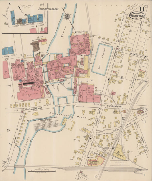 Sanborn Fire Insurance Map from Westbrook, Cumberland County, Maine (1922), Sheet #0011 - Historic Sanborn Fire Insurance Map Print, vintage old map wall art, antique decor, genealogy gift, Maine Maine map