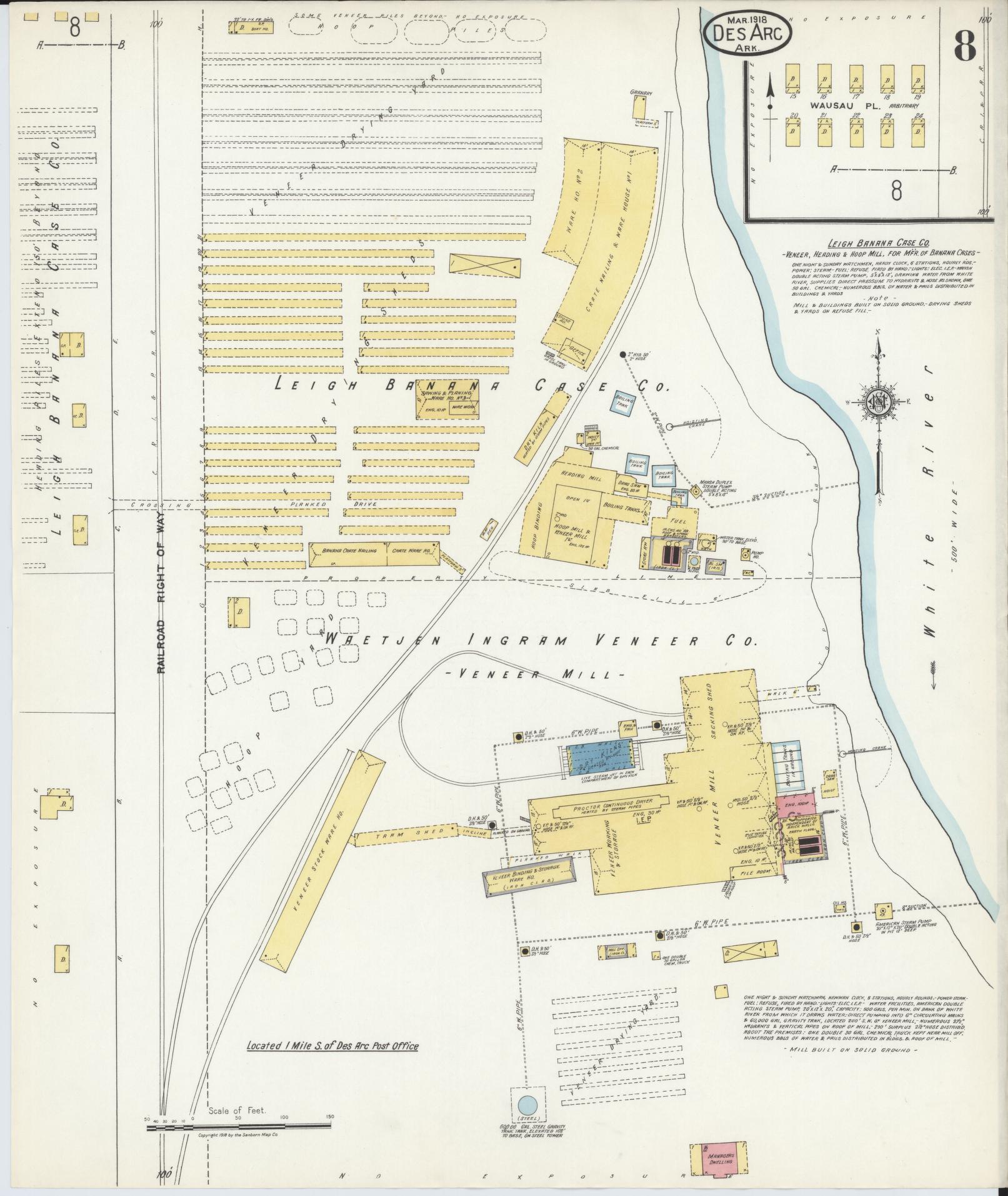 Sanborn Fire Insurance Map from Des Arc, Prarrie County, Arkansas (1918), Sheet #0008 - Historic Sanborn Fire Insurance Map Print, vintage old map wall art, antique decor, genealogy gift, Arkansas Arkansas map
