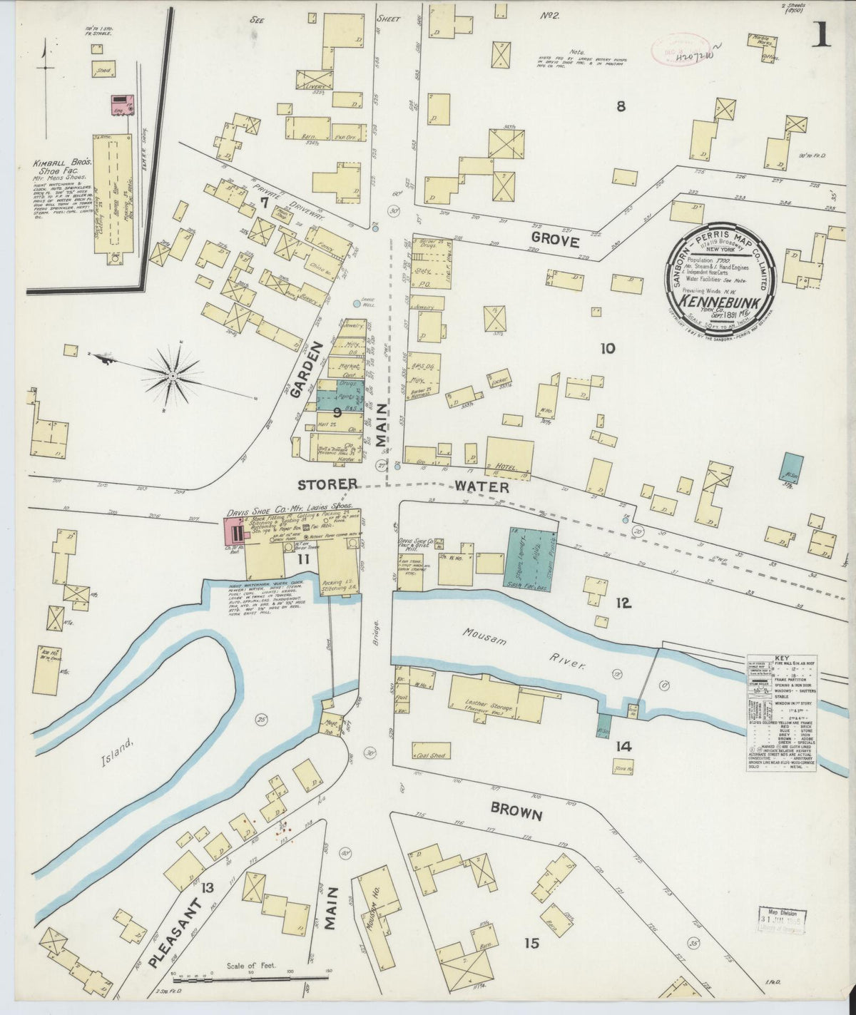 Sanborn Fire Insurance Map from Kennebunk, York County, Maine (1891), Sheet #0001 - Historic Sanborn Fire Insurance Map Print, vintage old map wall art, antique decor, genealogy gift, Maine Maine map