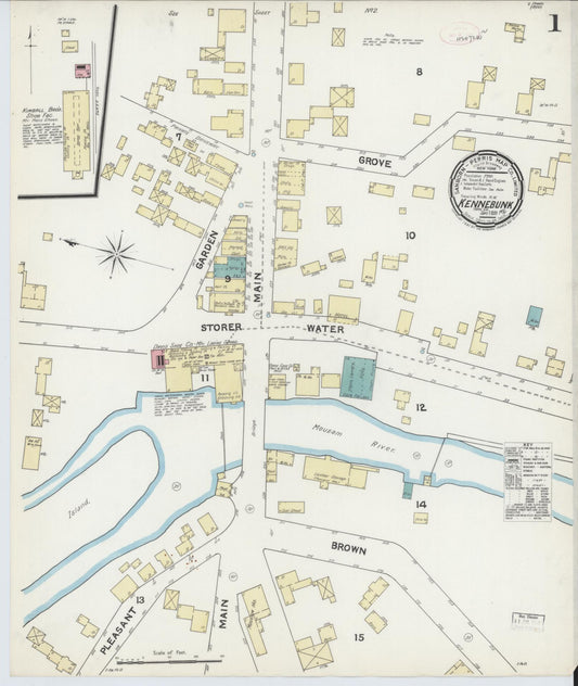Sanborn Fire Insurance Map from Kennebunk, York County, Maine (1891), Sheet #0001 - Historic Sanborn Fire Insurance Map Print, vintage old map wall art, antique decor, genealogy gift, Maine Maine map