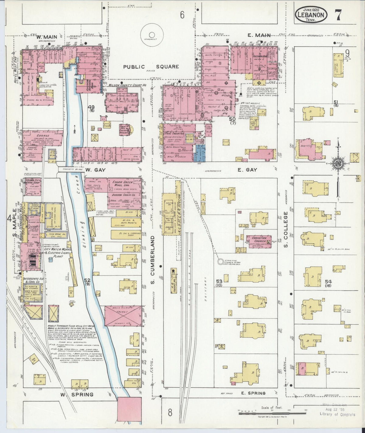 Sanborn Fire Insurance Map from Lebanon, Wilson County, Tennessee (1920), Sheet #0007 - Complete Map Set gallery image, historic Sanborn map, vintage wall art, Tennessee Tennessee