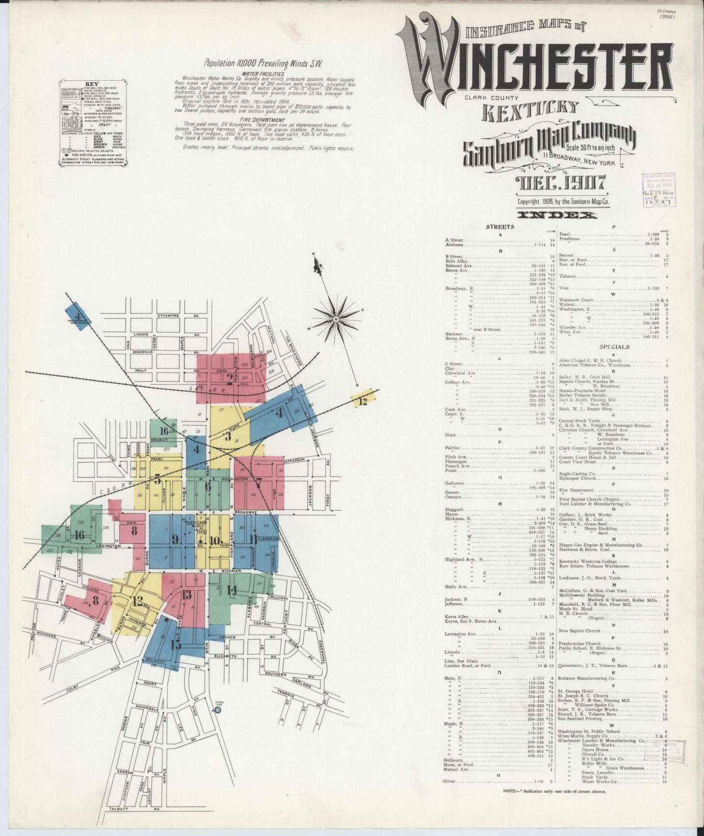 Sanborn Fire Insurance Map from Winchester, Clark County, Kentucky (1907), Sheet #0001 - Historic Sanborn Fire Insurance Map Print, vintage old map wall art, antique decor, genealogy gift, Kentucky Kentucky map